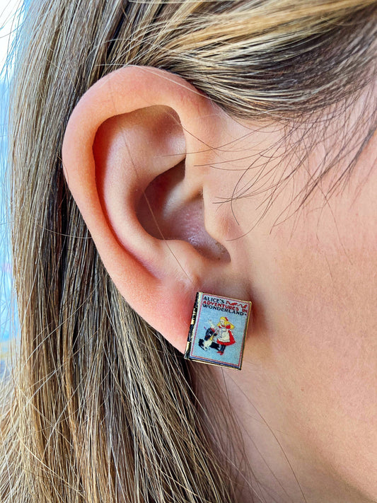 Post Earrings Book Locket Alice In Wonderland- Grey