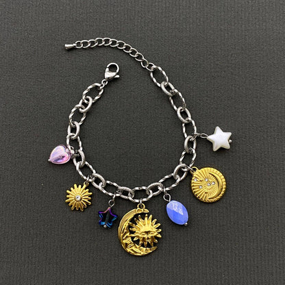 18K Gold Plated S.Steel Sun Moon Star Charm Bracelet