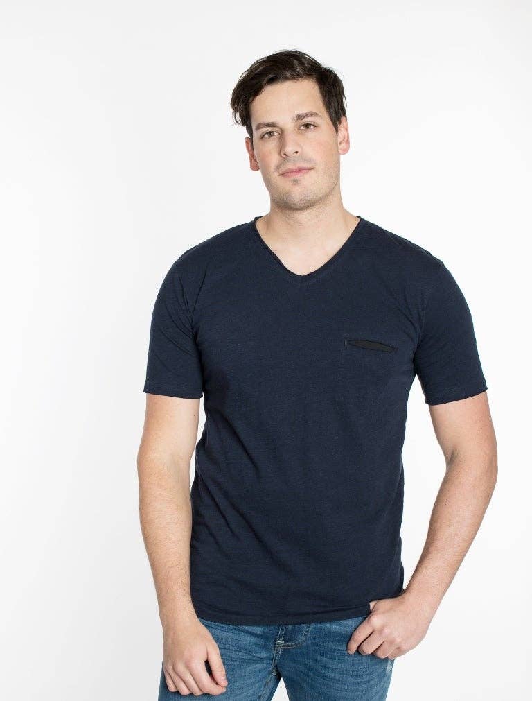 MEN'S SLUB V-NECK T-SHIRTS WITH POCKET - NAVY