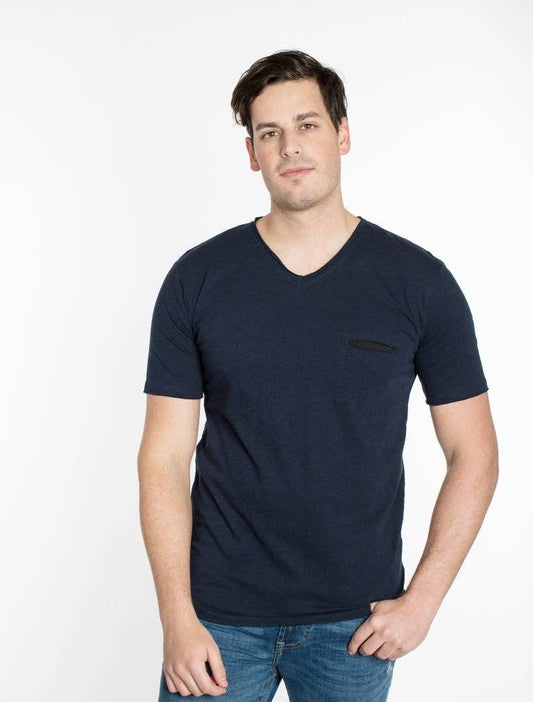 MEN'S SLUB V-NECK T-SHIRTS WITH POCKET - NAVY