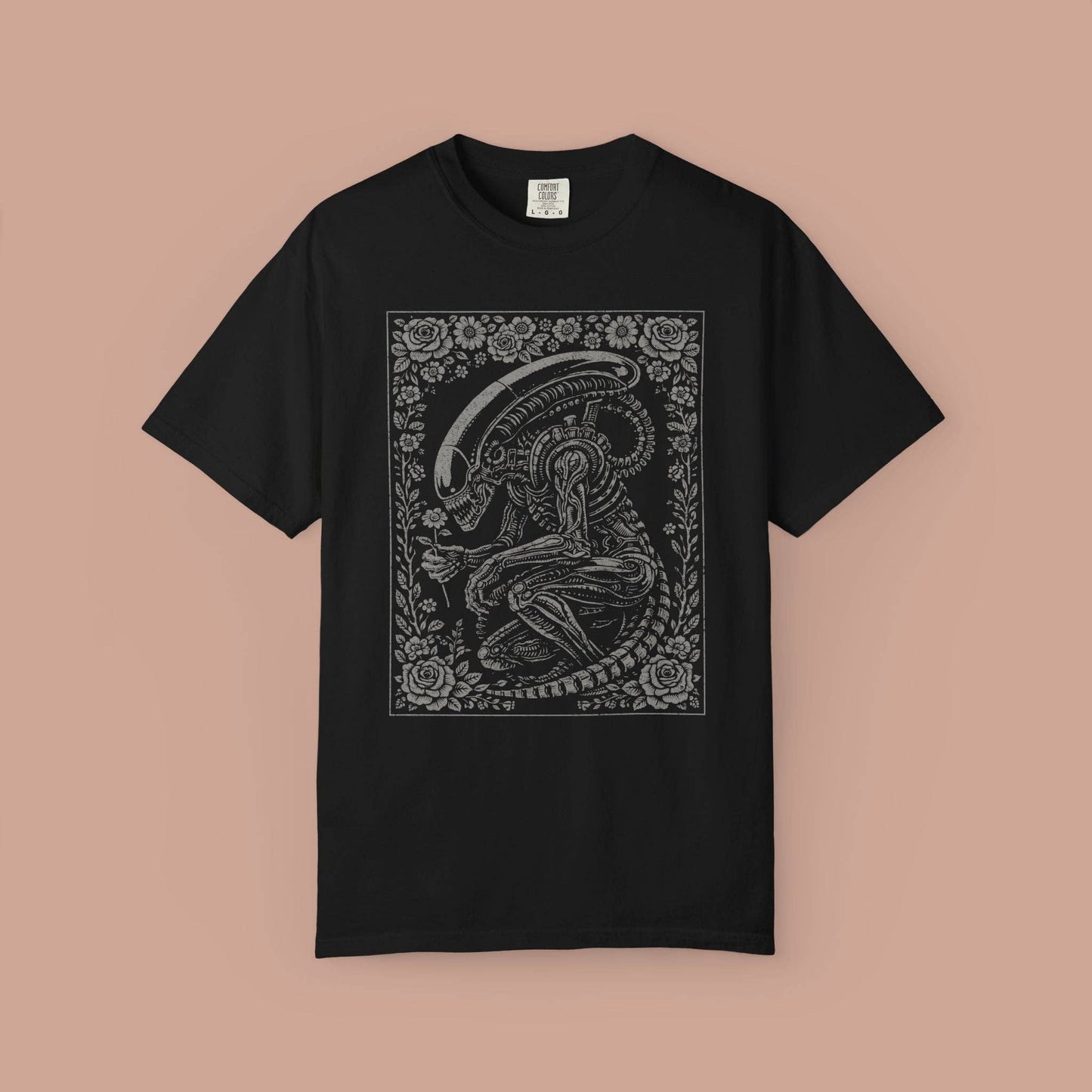 Alien Xenomorph Illustration T-shirt | Vintage Floral Frame