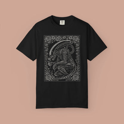 Alien Xenomorph Illustration T-shirt | Vintage Floral Frame