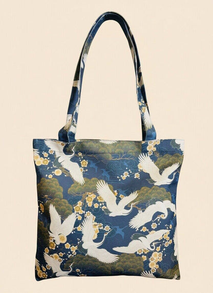 JCFB0102 Blue-Olive Crane Floral Artwork Tote