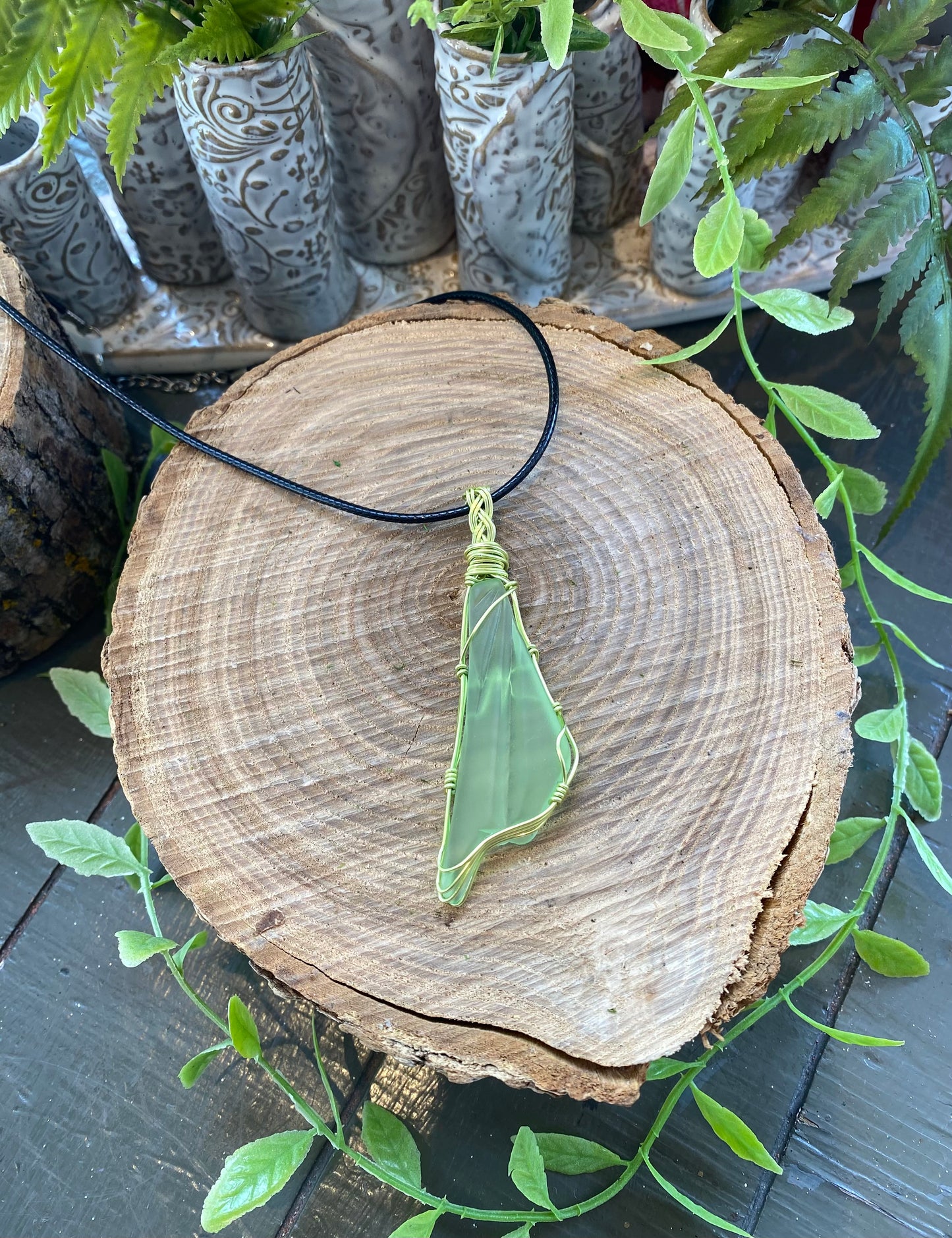 Green Wire Wrapped Uranium Glass Necklace #IV109