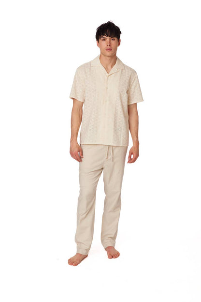 Textured Short Sleeve Men's Cotton Shirt  - Off White