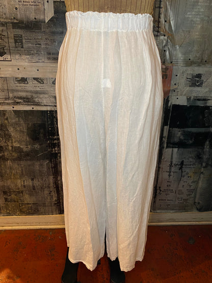 Linen, Elastic Waist Palazzo Pants - White