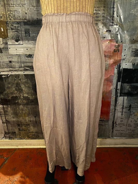 Linen, Elastic Waist Palazzo Pants - Taupe