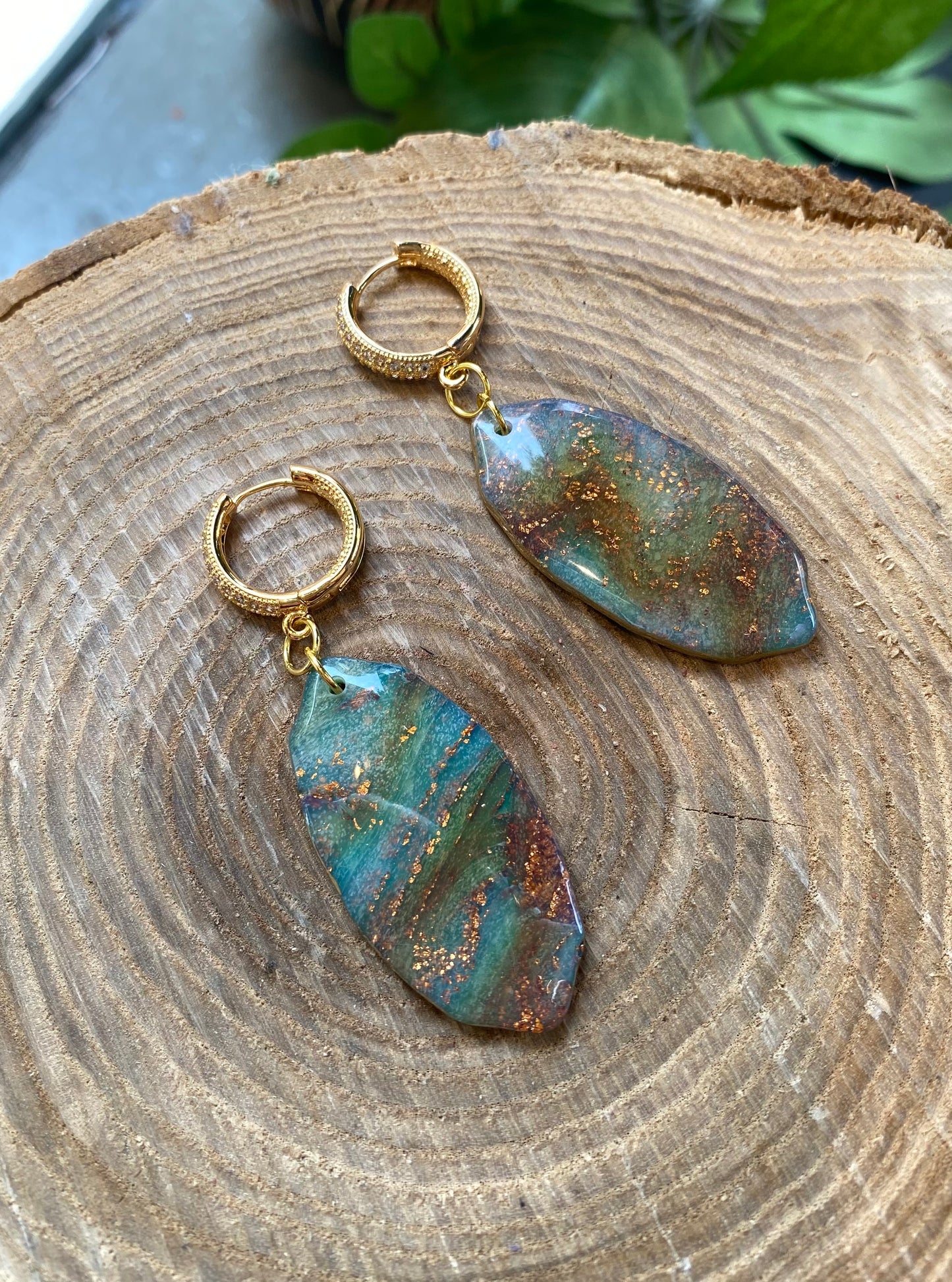 Green/Gold Shields with Crystal Hoops *E29
