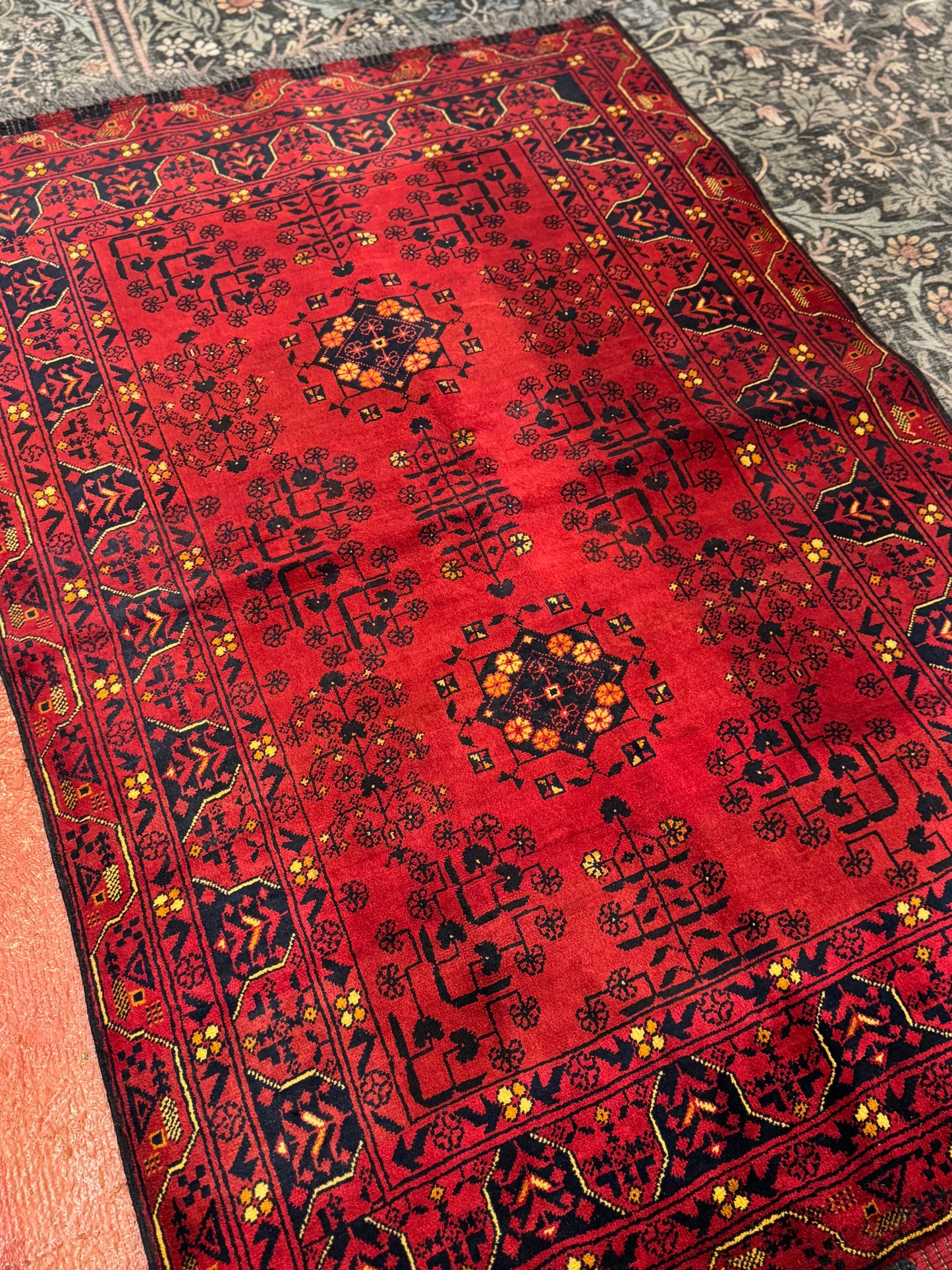 Handmade Wool Area Rug - Red & Yellow Floral Print