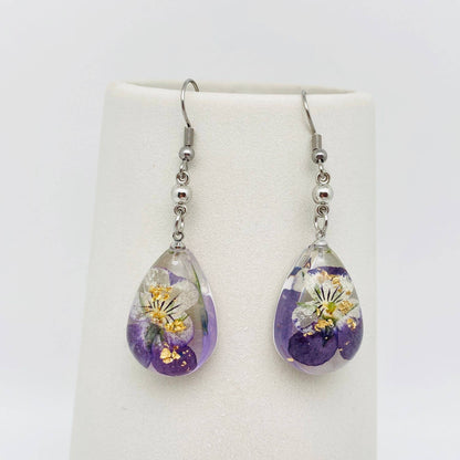 Wild Pansy Dried Flower Teardrop Dangle Earrings