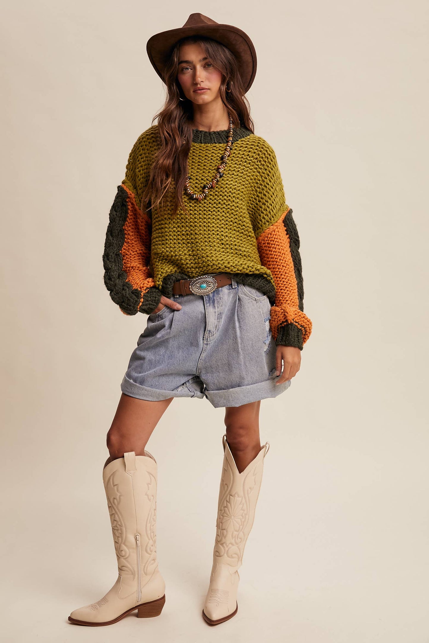 Hand-Knit Chunky Crochet Pullover - Olive Multi