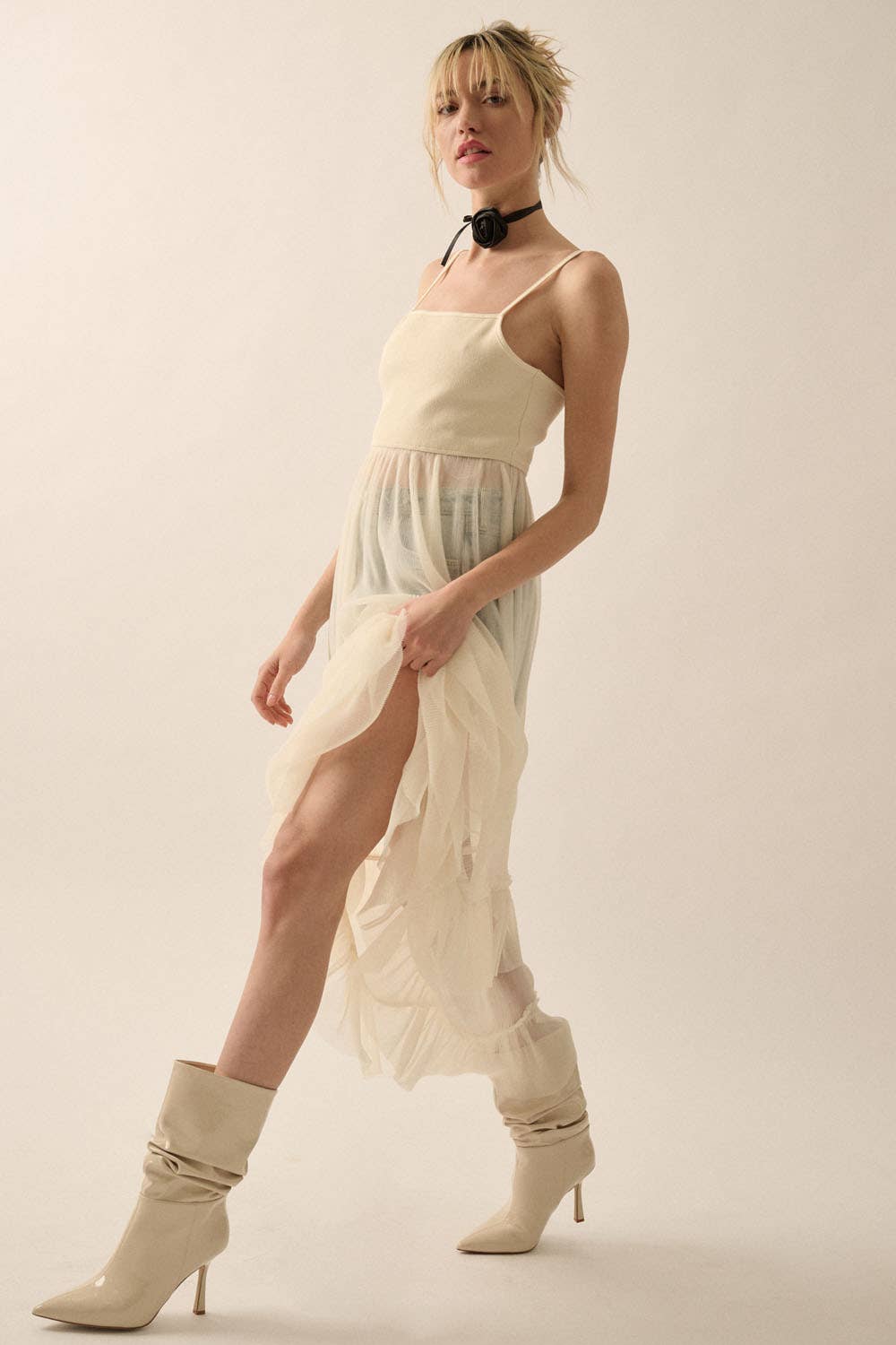 Solid Rib-Knit Bodice Pleated Organza Dress - Cream