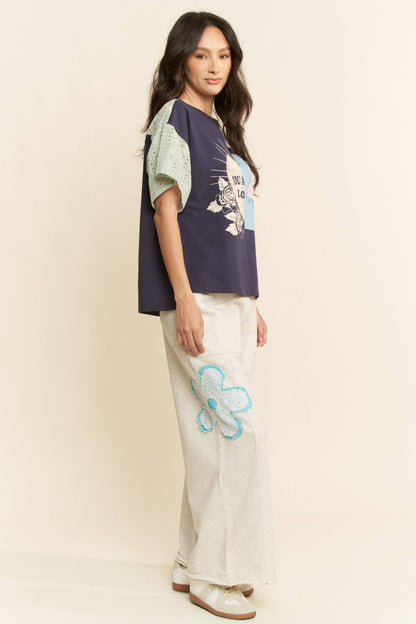Plus Patchwork Multi Bodice Short Sleeve Top - Navy