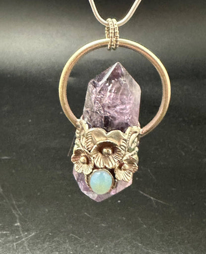 Amethyst double point pendant opal, handcrafted, white metal