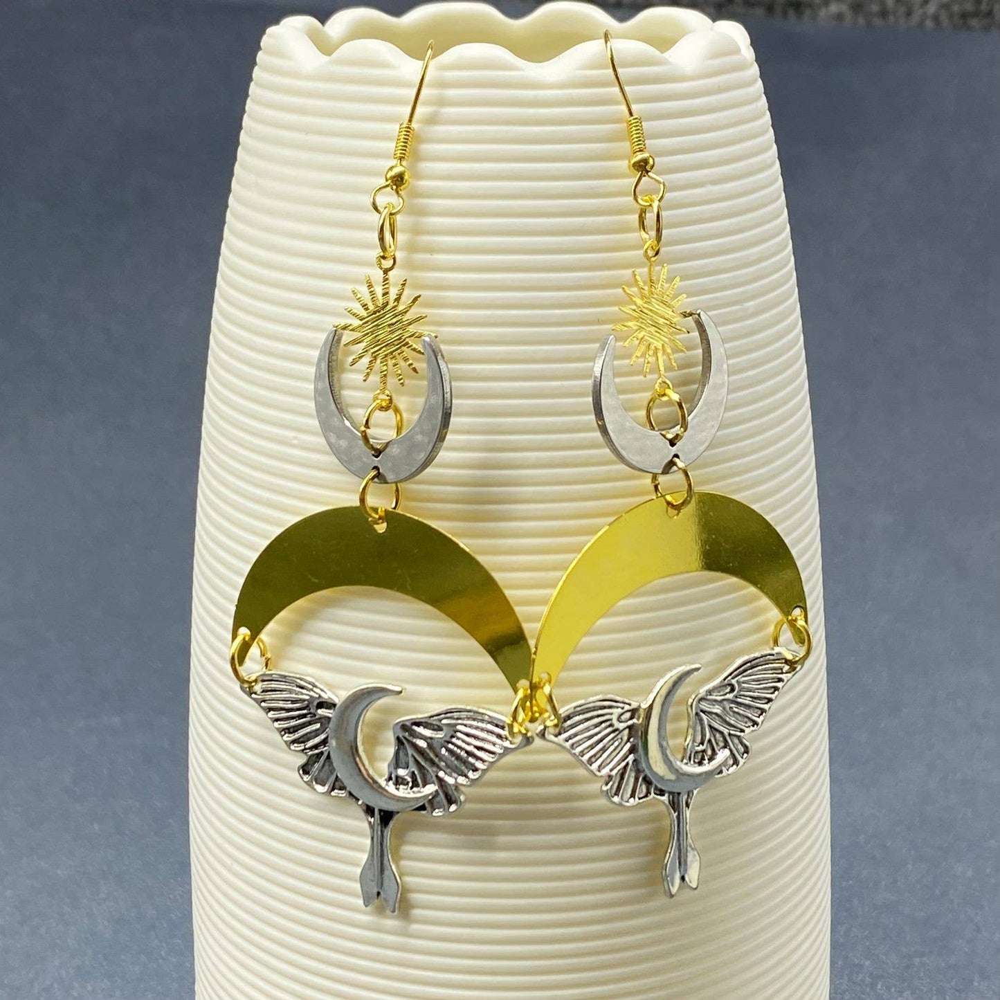 Two-tone Star Moon Moth Dangle Earrings