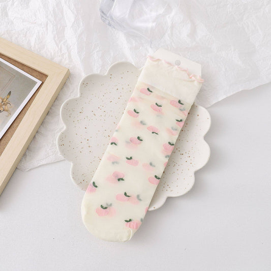 Cute Floral & Fruit Sheer Socks - Peach