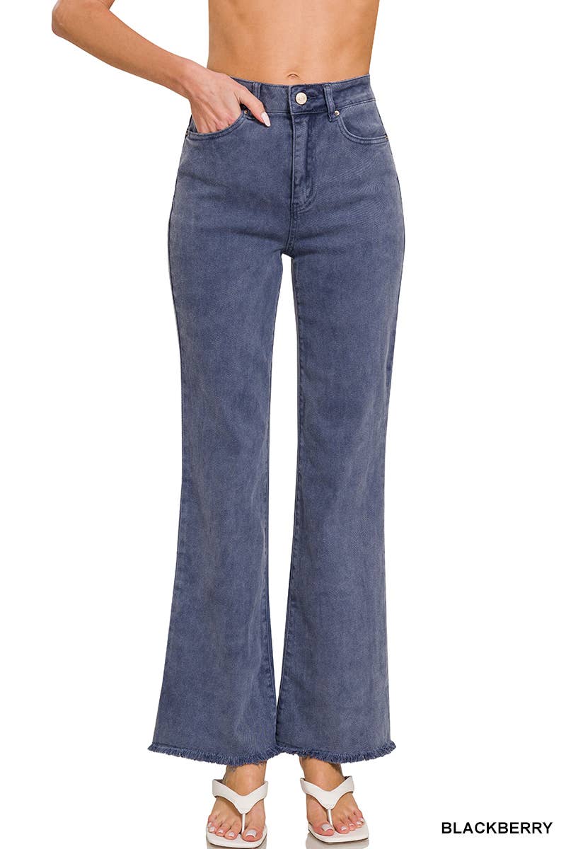 Acid Wash Frayed Hem Color Denim Jeans - BLACKBERRY