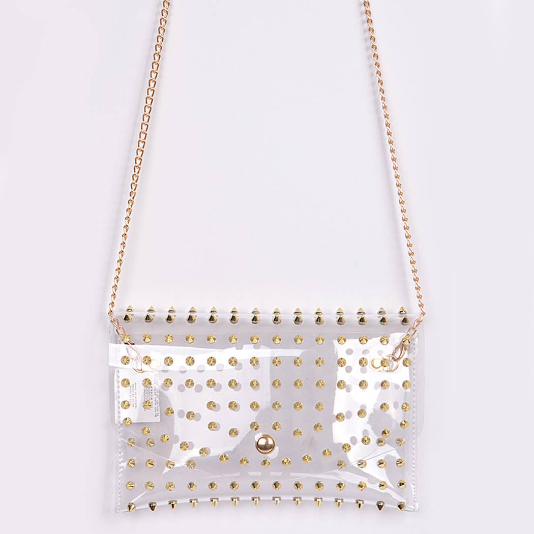 Ull Studded Cross Body Chain Strap Visible Clutch - Clear Silver