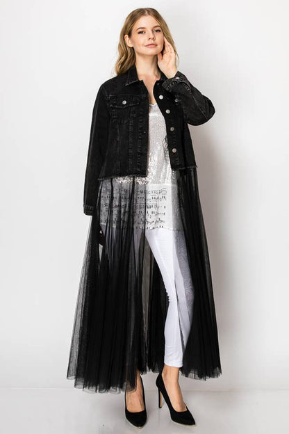 Chic Denim Longline Duster With Tulle Skirt – Black