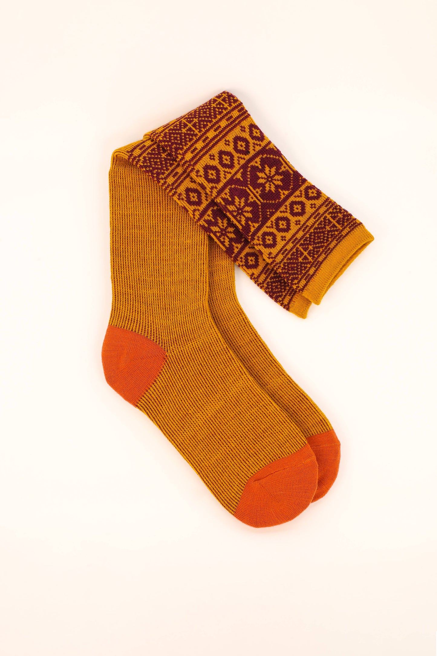 Fair Isle Star Boot Socks - Mustard/Damson