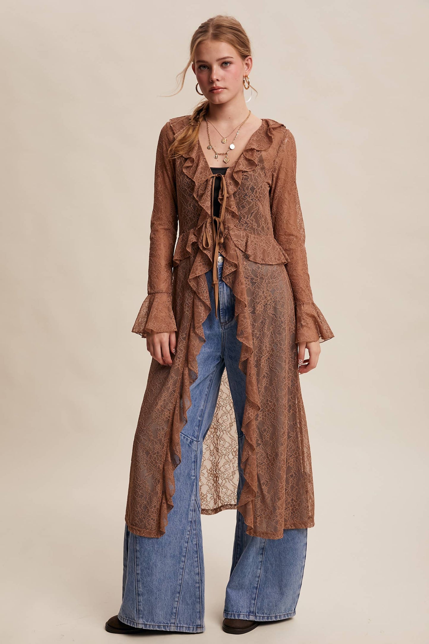 Sheer Lace Ruffle Duster - Mocha
