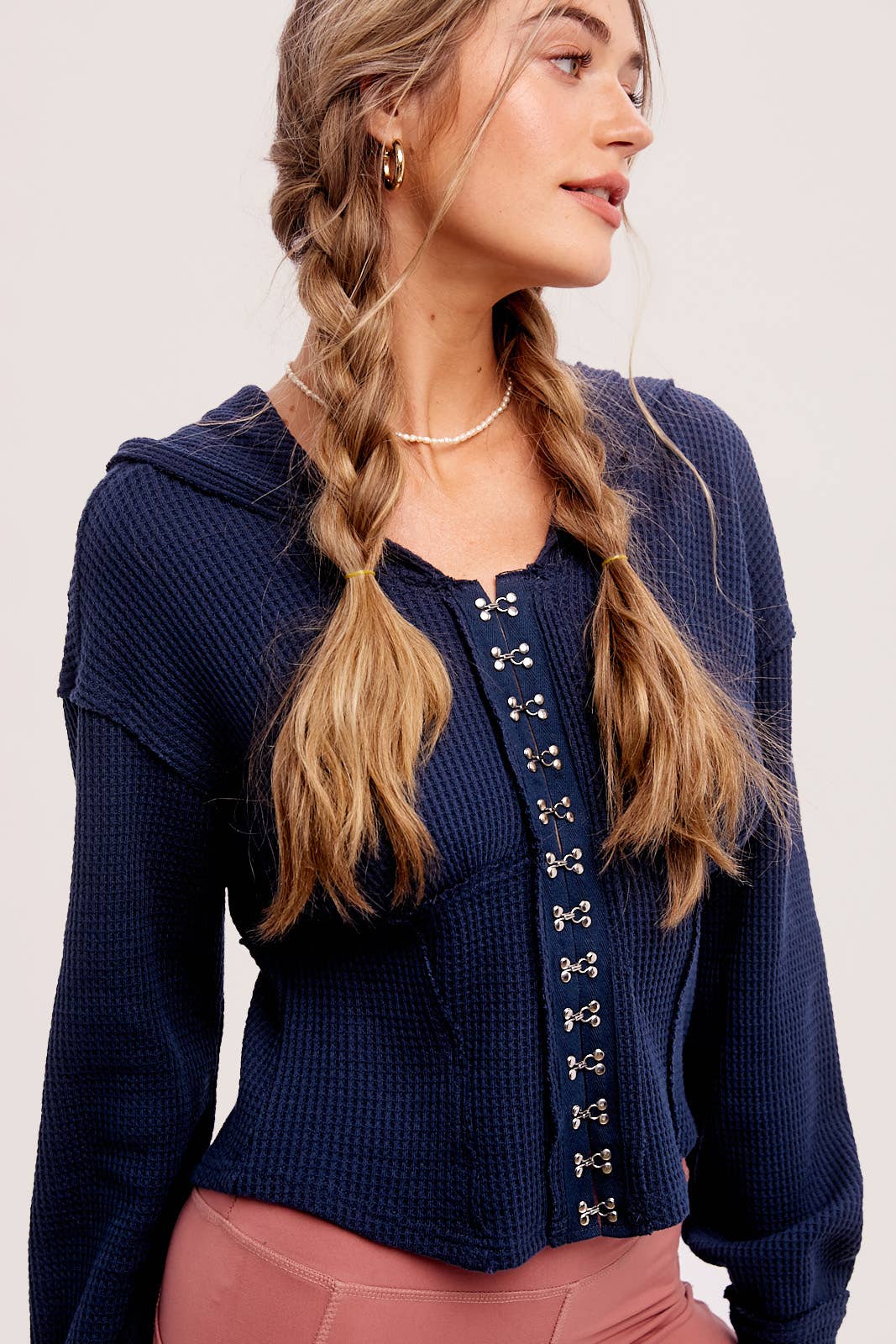 Waffle Knit Corset Hoodie - Teal Blue