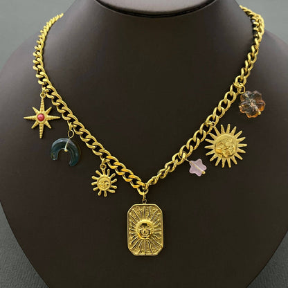 Sun Moon Star 18K Gold Plated SS Charm Necklace