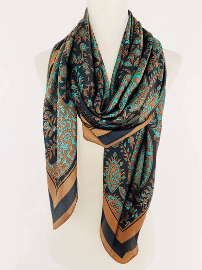 Silk-Feeling Green-Mocha Paisley Scarf