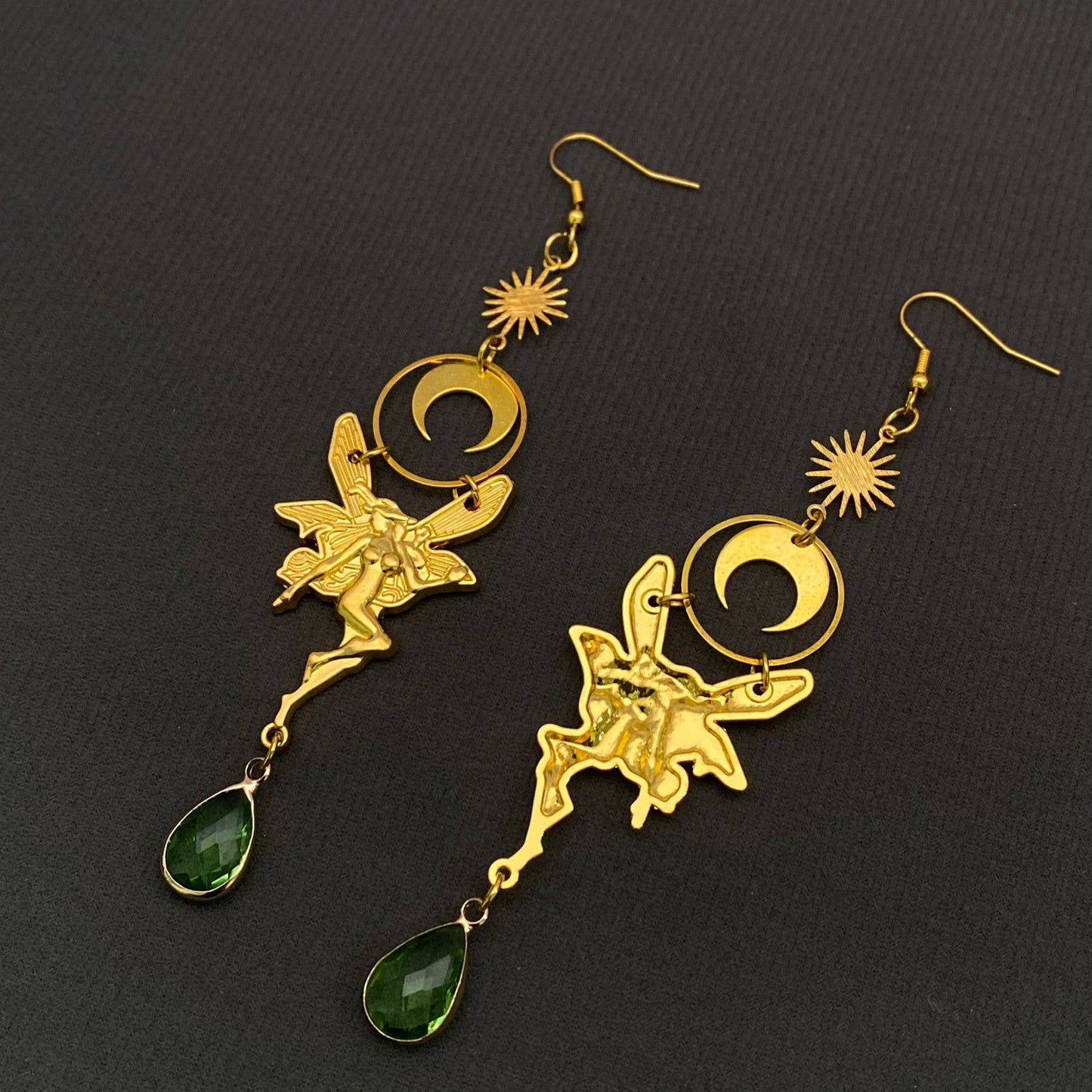 Green Crystal Elf & Moon Charm Gold Plated Earrings