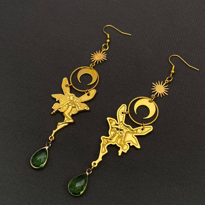 Green Crystal Elf & Moon Charm Gold Plated Earrings
