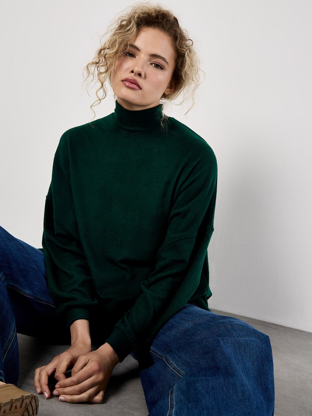 Mock Neck Oversized Soft Knit Top - Green