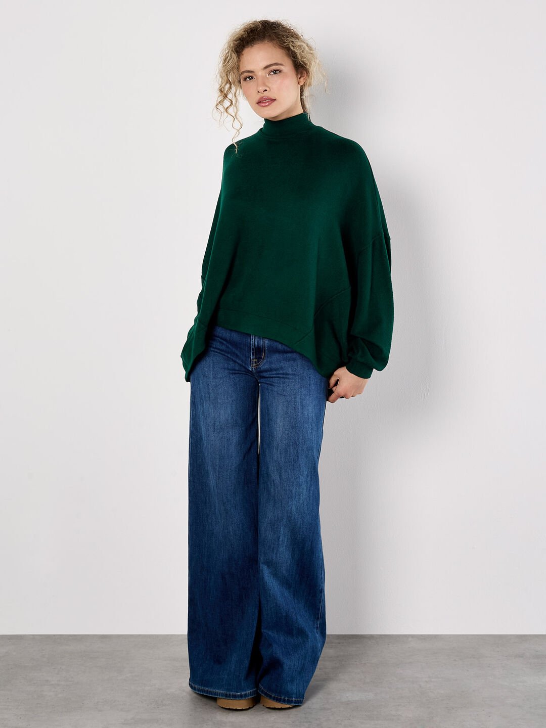 Mock Neck Oversized Soft Knit Top - Green