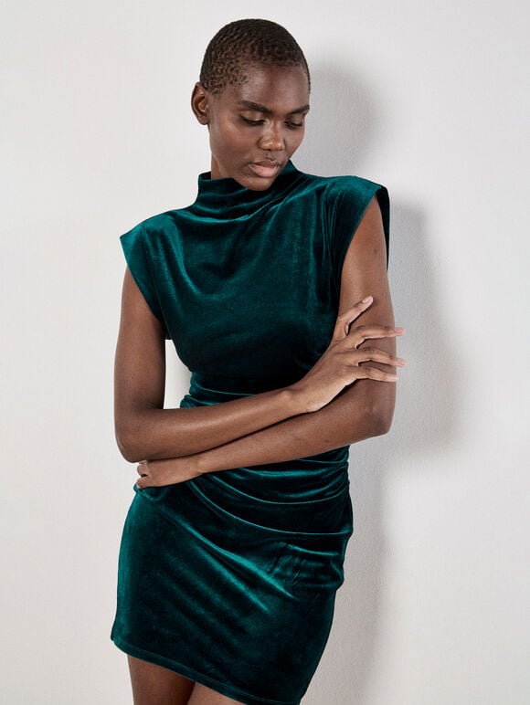 Velvet Cowl Neck Ruched Dress - Green