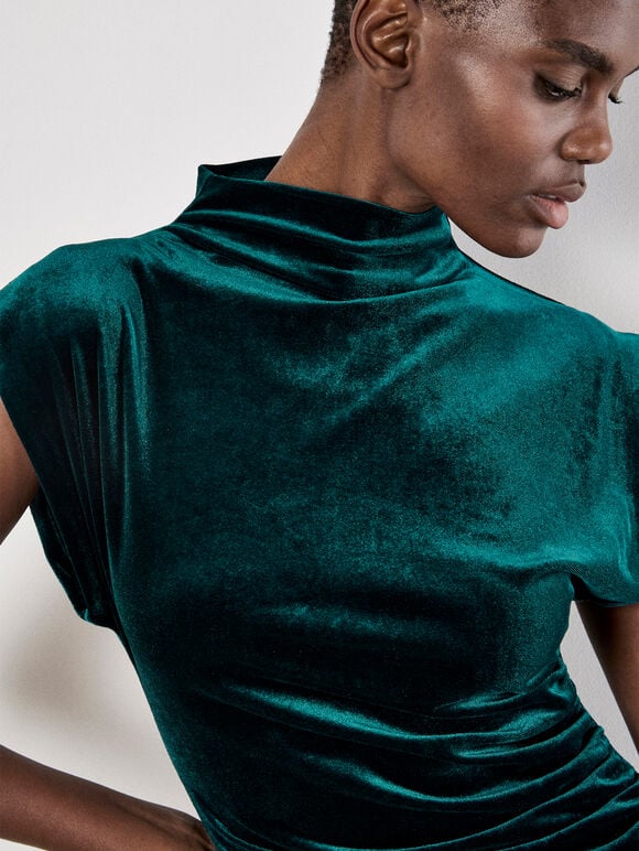 Velvet Cowl Neck Ruched Dress - Green