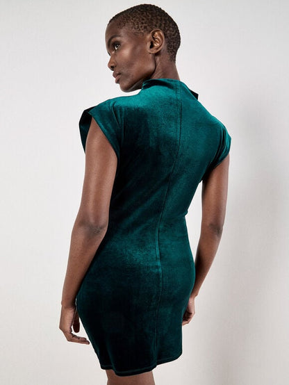Velvet Cowl Neck Ruched Dress - Green