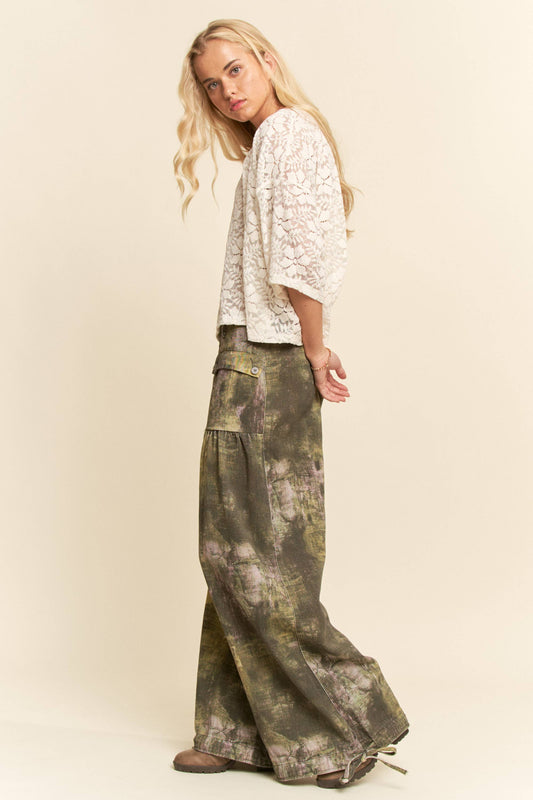 Curve Tie-Dye Printed Mid-High Waist Pants - Dark Olive