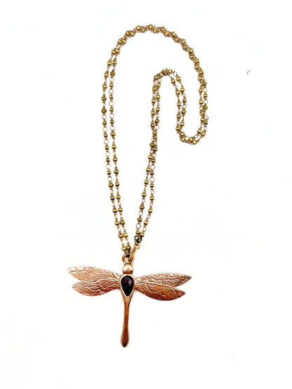 Bronze Dragonfly Necklace with Garnet