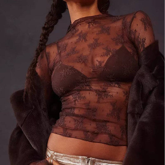 Lux Layering Floral Lace See Through Mesh Top Blouse - Brown