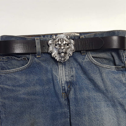 Genuine Leather Lion Belt - Black/Silver