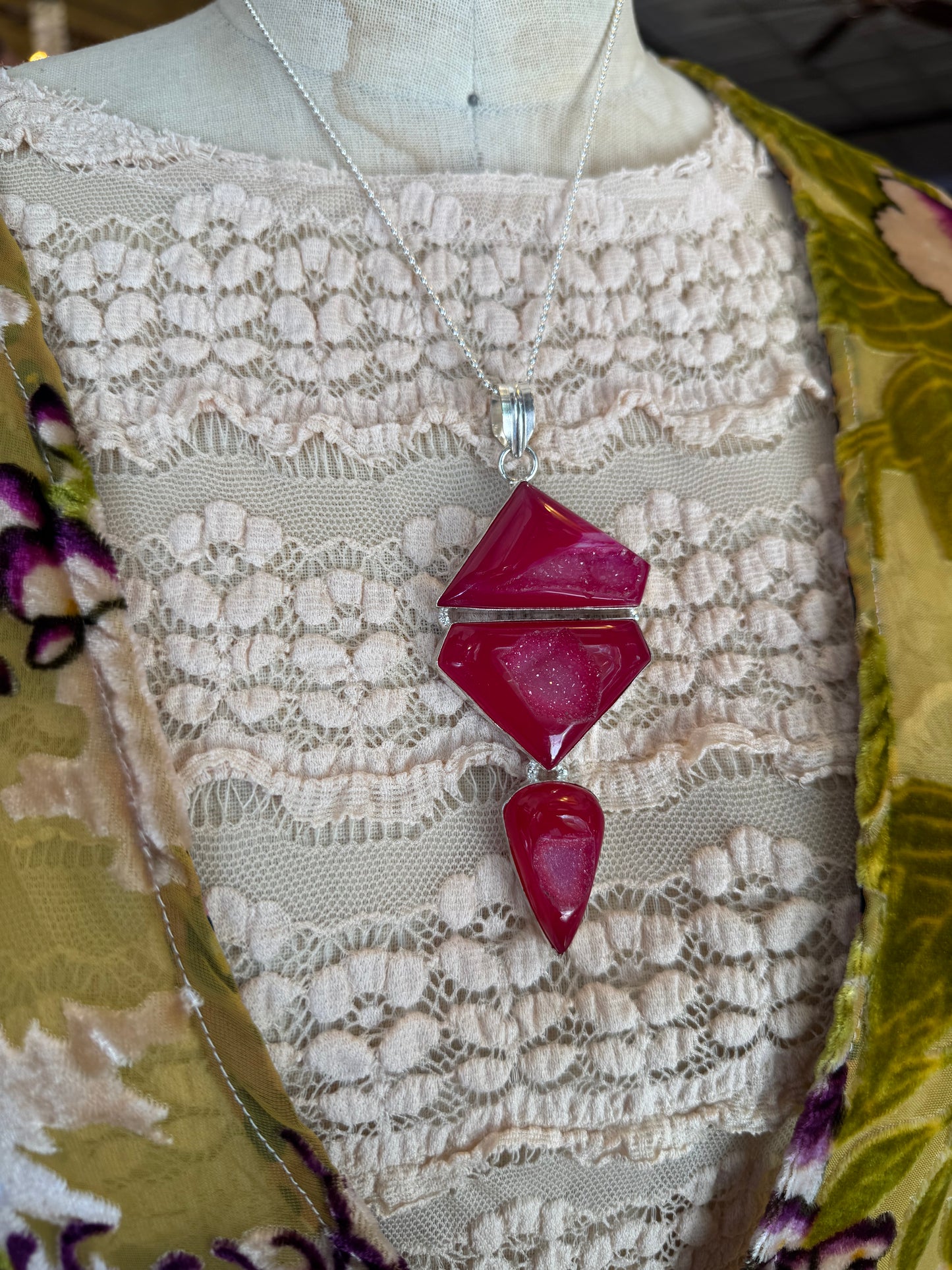 Triple Fuchsia Druzy Pendant