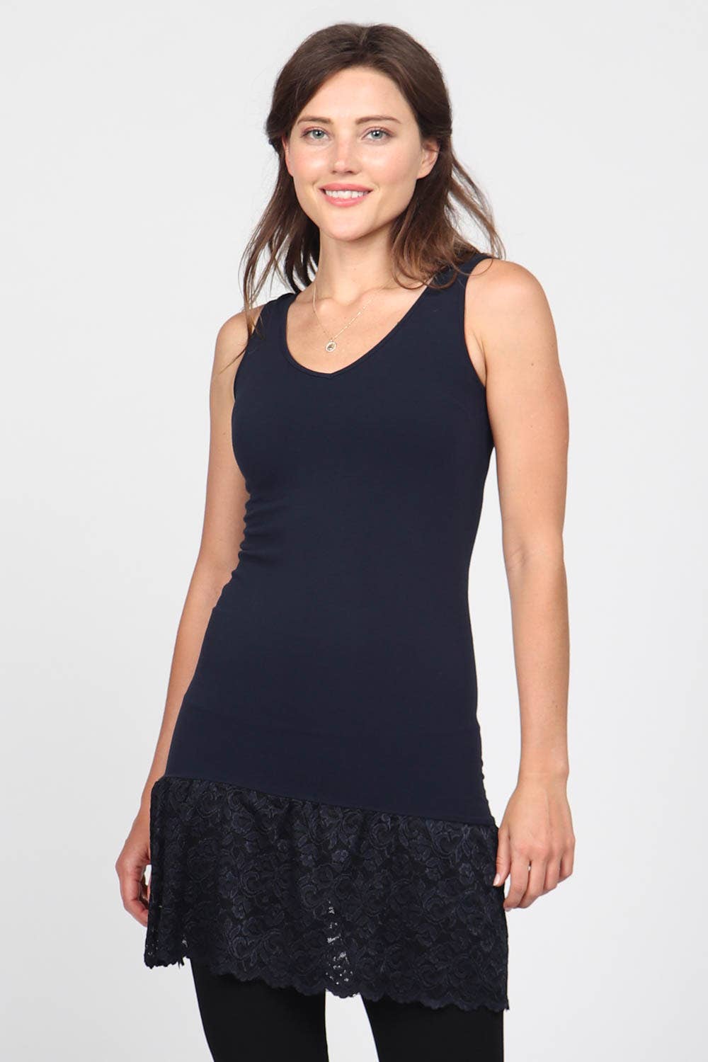 Reversible V-Scoop Tank Dress w/ Large Lace Hem - Black