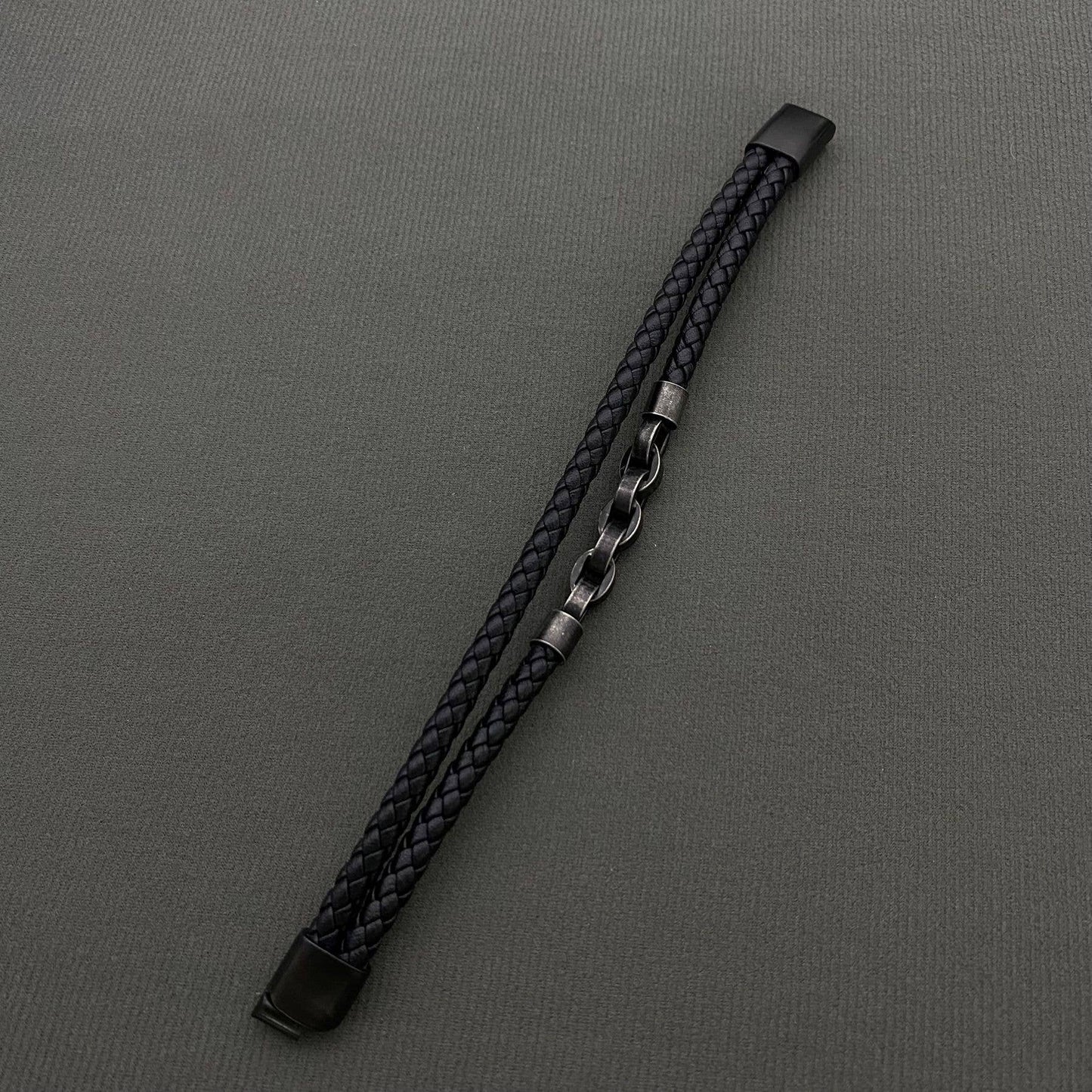 Retro S.Steel Chain Men's Double-layer Leather Bracelet