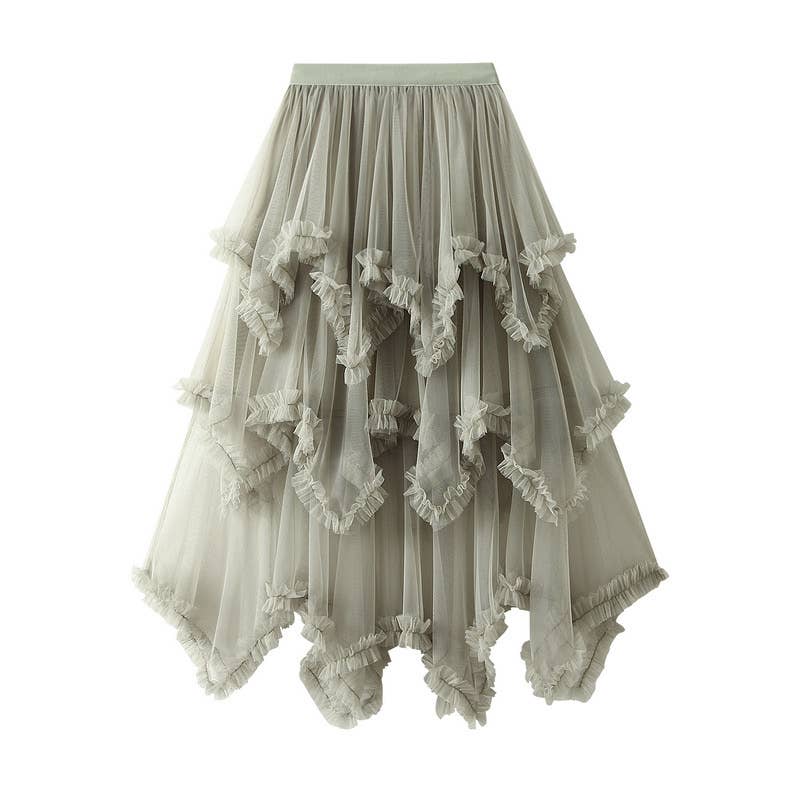 Layered Mesh High Waist Skirt - Olive