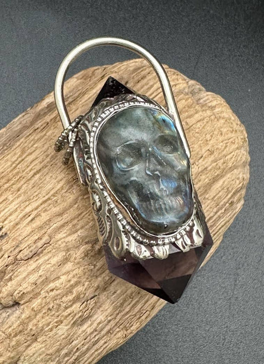 Double point amethyst pendant, labradorite skull, handcrafted