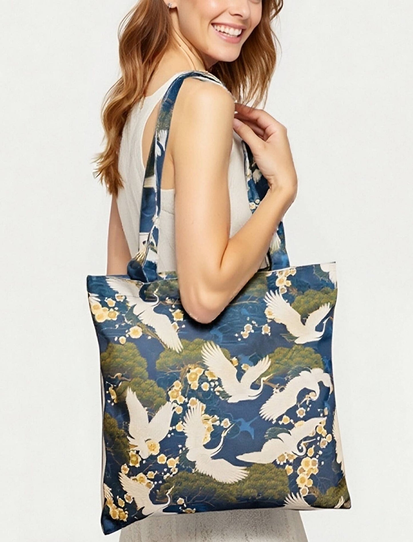 JCFB0102 Blue-Olive Crane Floral Artwork Tote