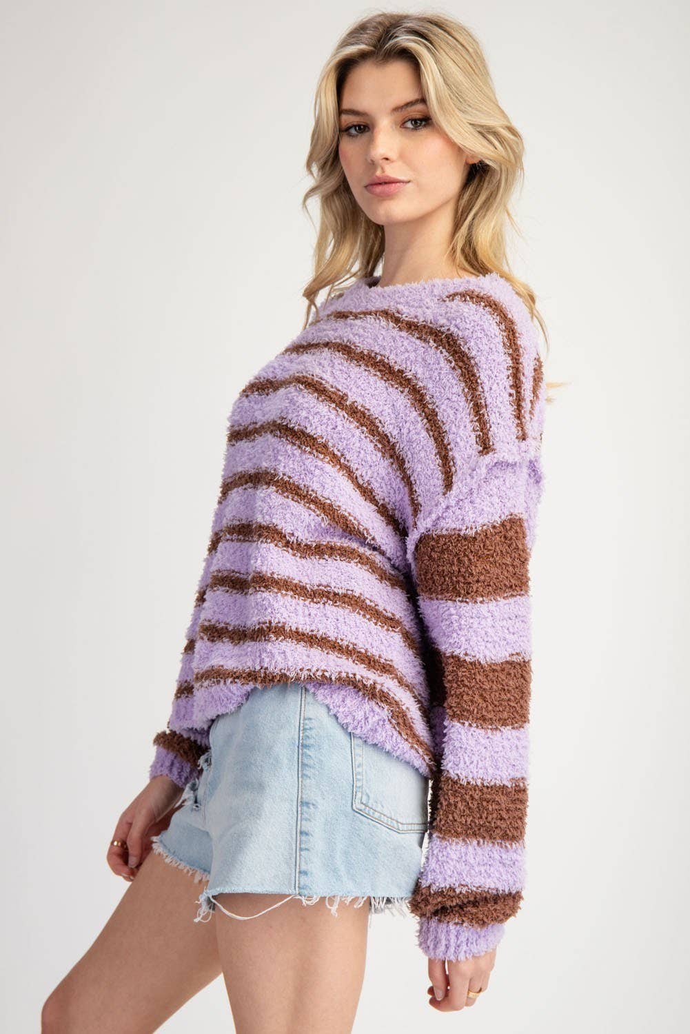 Striped Fleece Pullover Sweater - Lavender