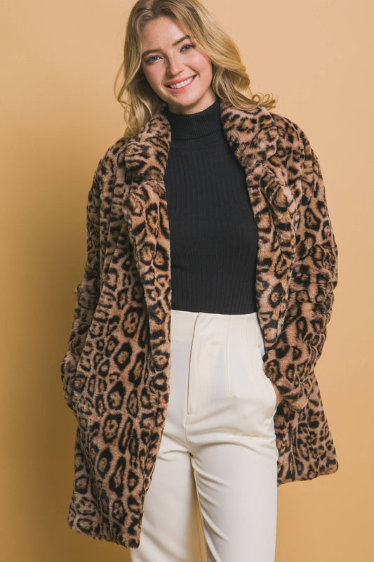 Animal Print Fur Open Coat - Camel