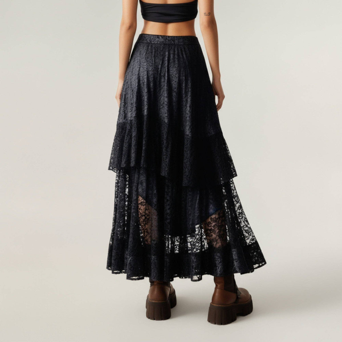 Asymmetrical Tiered Lace Maxi Skirt - Black