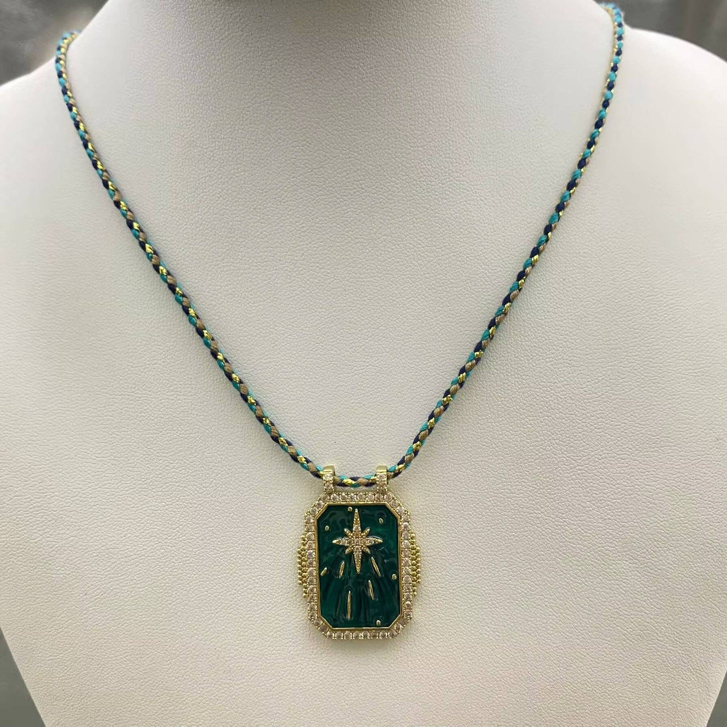 Enamel Rhinestone Star Square Cahrm Braided Rope Necklace