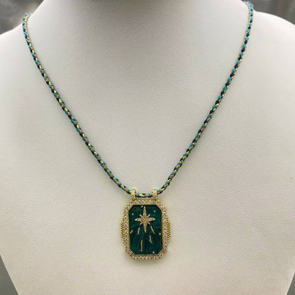 Enamel Rhinestone Star Square Cahrm Braided Rope Necklace